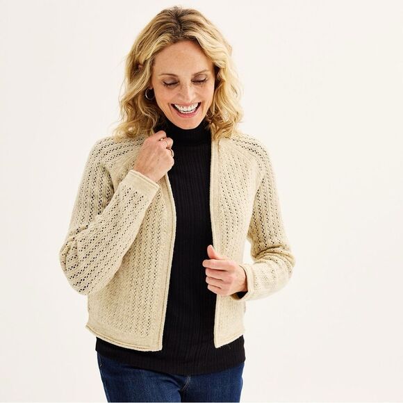 NWT Croft & Barrow Pink Shimmer Pointelle Open Front Cardigan Size XL - Picture 2 of 7